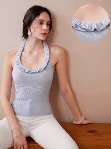 Chiquease Débardeur côtelé à col en U, à volants, dos nu, slim pour femmes. Polyvalent pour l'été - Bleu azur - Voir 1
