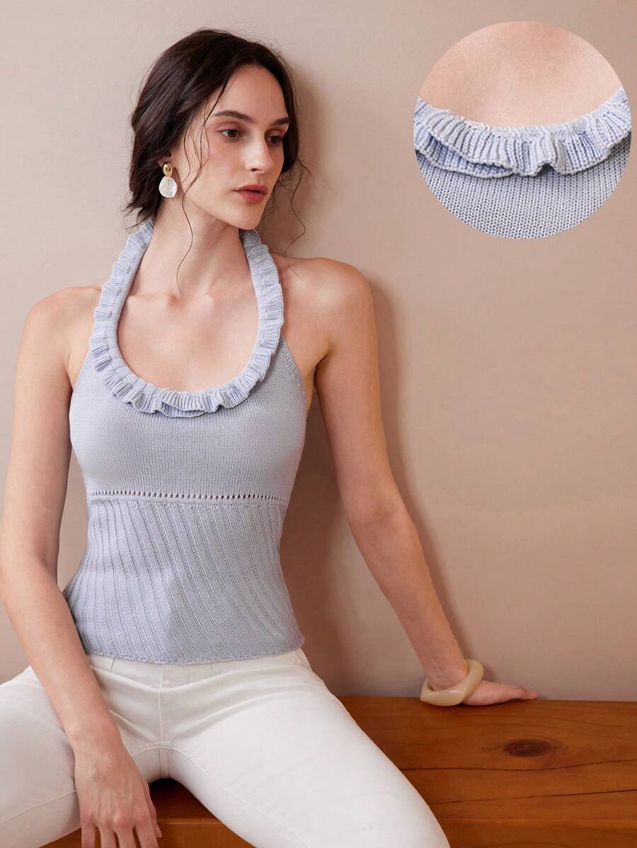 Chiquease Débardeur côtelé à col en U, à volants, dos nu, slim pour femmes. Polyvalent pour l'été - Bleu azur - Voir 1