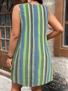 SHEIN Clasi 大码女式夏季休闲条纹无袖连衣裙，带口袋 - 藍色 - 查看 2