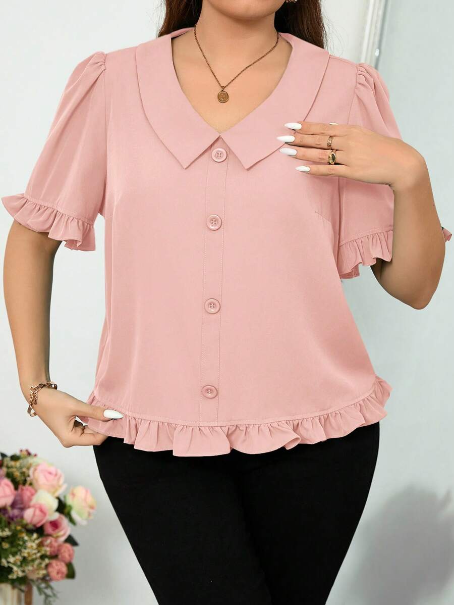 SHEIN Clasi 大码夏季休闲纯色泡泡袖荷叶边下摆衬衫