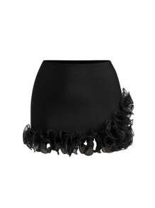 Swim Oasis Plus Size Holiday Floral Decorative One-Piece Swimsuit Cover-Up Mini Skirt For Summer Beach Vacation - Black - View 6