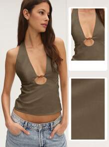 Nöista Summer Casual Solid Comfortable Halter Sleeveless Top - Olive Green - View 1