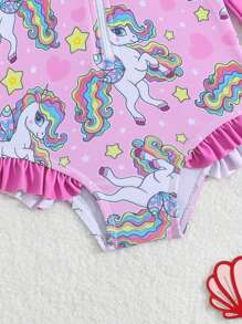 1pc Baby Girl Directional Print Frill Edge Unlined One-Piece Swimsuit - Multicolor - View 4