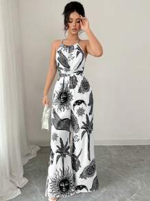 Elenzga Damen Sommer Urlaubs Sonne & Mond Muster Träger Jumpsuit