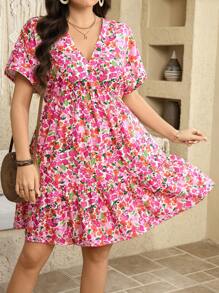 SHEIN LUNE Plus Size Women Vintage Ditsy Floral V-Neck Batwing Sleeve Casual Dress Vacation Outfits Woman Summer Outfits For Women Office Wear,Mini Dress, Vacation Style, Holiday Outfits,Boho/Bohemian,Elegant Daily Party Event,Women Boho/Bohemian Dress,Spring/Summer, Mother's Day Festival Dress,Flowy Dress Women Short Dresses Summer Women Summer Clothing Women Plus Sun Dress,Sun Dresses For Women