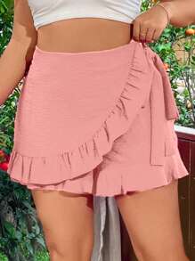 Breezaya Plus Size Women Summer Plain Ruffle Hem Wrap Casual Black Skort Black Skirt Womengirl Black Skirtblack Skirt - Dusty Pink - View 3