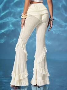 ROMWE Fairycore Women's Retro Mermaid Sexy Knit Jacquard Fabric Flowy Ruffle Hem Flare Pants - Apricot - View 4