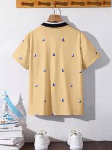Tween Boy Casual Allover Pattern Short Sleeve Polo Shirt - Khaki - View 6