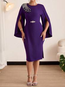 Reflora Plus Size Elegant Floral Beaded Embroidery Split Sleeve Bodycon Dress - Purple - View 5