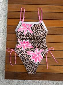Swim Mod Leopard Flower Print Halter One-Piece Swimsuit For Women, Summer Beach Outfit - Multicolor - View 2