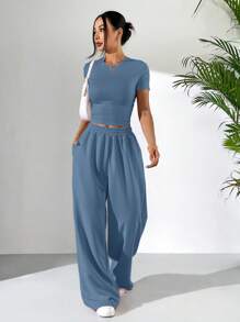 SHEIN EZwear 2件套夏日雾霾蓝紧身短袖T恤和宽松运动裤休闲套装 - 霧霾藍 - 查看 6