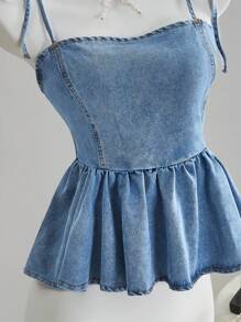 SHEIN MOD 女士修身牛仔吊带背心，休闲修身蓝色，Saint John 2025，可爱夏季上衣，女士优雅服装，牛仔女郎服装，女士巡航服装，女士早午餐服装，毕业上衣，复古 - 淺色水洗藍 - 查看 3