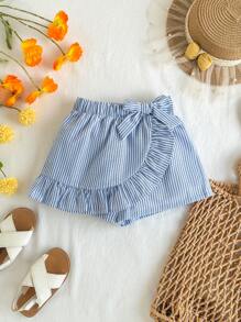 SHEIN Leap Crew 少女梭织条纹松紧腰休闲短裤 - 藍白色 - 查看 1