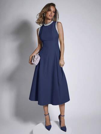 COSMINA فستان أنيق باللون الأحادي طويل إلى المنتصف، مناسب للموضة الصيفية للنساء