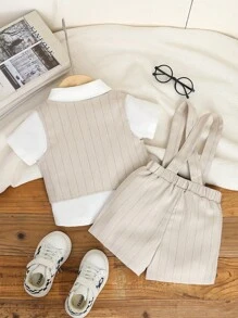 SHEIN 3 件套男婴正式绅士装套装，包括：领结短袖衬衫 + 条纹背心 + 休闲吊带短裤，时尚帅气，适合生日派对、晚会、表演、婚礼、1 个月庆祝、洗礼、1 岁生日、宝宝的第一个母亲节服装/家庭配套服装 - 彩色 - 查看 2