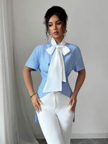 Elenzga Striped Cross Knot Waist Blouse With Bowknot - Blue and White - View 5
