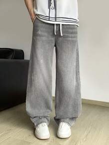 SHEIN Teen Boy Fashion Casual Y2k Basic Simple Grey Elastic Waist Drawstring Loose Jeans For Teen Boy Clothes Boys Soft Dailywear And Teen Boy Summer And Spring Rave Outfits Festival And Beach Outfits Clothes - Grey - View 4