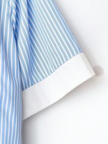 SHEIN LUNE 大码条纹印花撞色单排扣短袖衬衫 - 藍色 - 查看 3