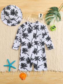 SHEIN 幼儿男童泳衣套装，可爱卡通恐龙印花长袖泳衣带防晒帽，适合暑假、海滩、冲浪、水上乐园 - 彩色 - 查看 1