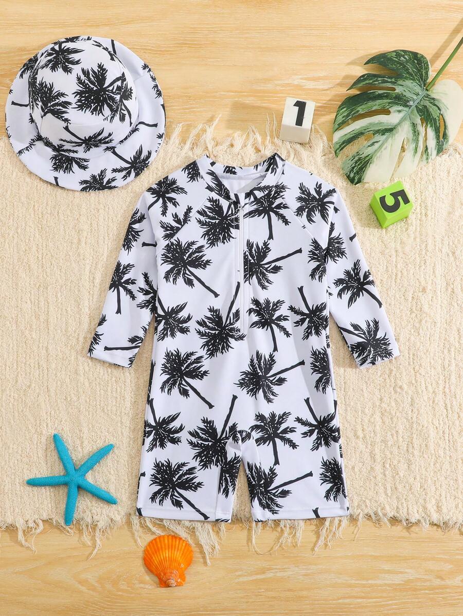 SHEIN 幼儿男童泳衣套装，可爱卡通恐龙印花长袖泳衣带防晒帽，适合暑假、海滩、冲浪、水上乐园 - 彩色 - 查看 1