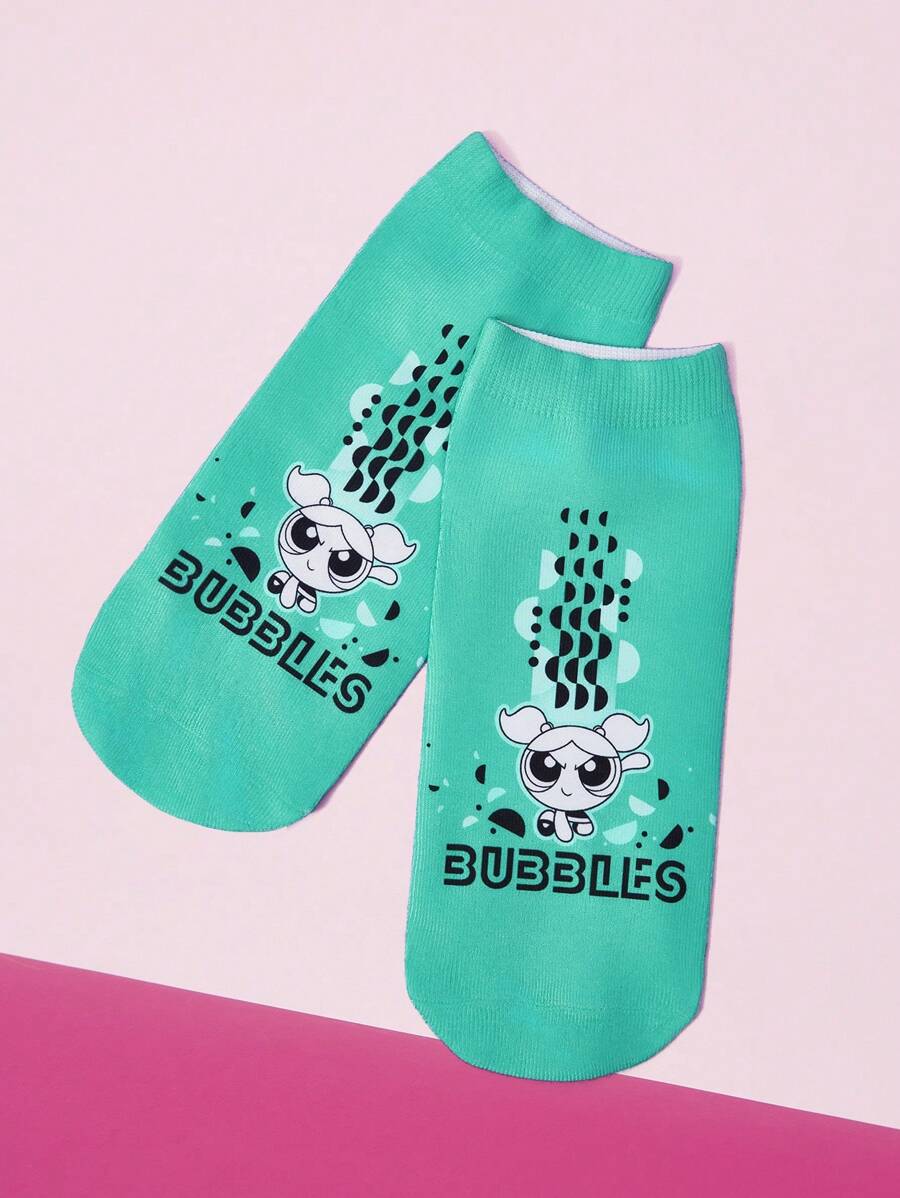 THE POWERPUFF GIRLS X SHEIN 1 双可爱泡泡图案踝袜，舒适 - 彩色 - 查看 1