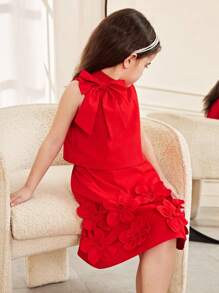 SHEIN 2pcs Young Girl Set: Simple Comfortable Round Neck Sleeveless Top With 3D Bow Decoration And Skirt - Red - View 5