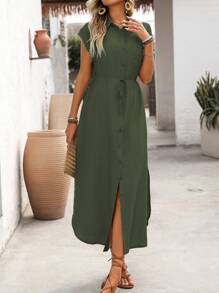 SHEIN Clasi Vestido casual de camisa de unicolor para vacaciones y diario, con cuello de camisa y escote en V delantero, bolsillo en el pecho izquierdo, corte relajado con cinturón en la cintura y lazo, abertura lateral y hombros caídos, vestido largo