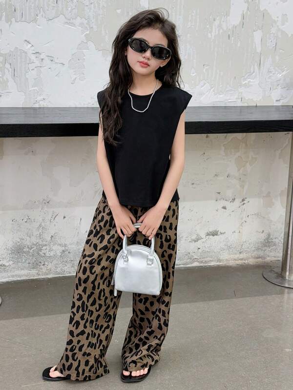 Dazy Kids 2pcs/Set Tween Girl Tank Top & Leopard Print Pants Fall Outfit
