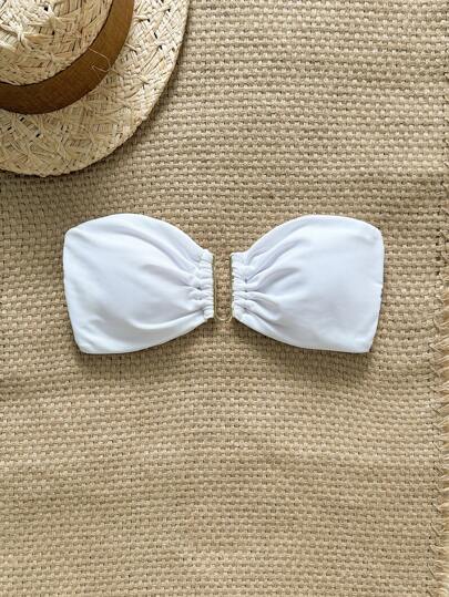 Swim Vcay Women's Summer Solid Color Strapless Metallic Decor Bow Bikini Top