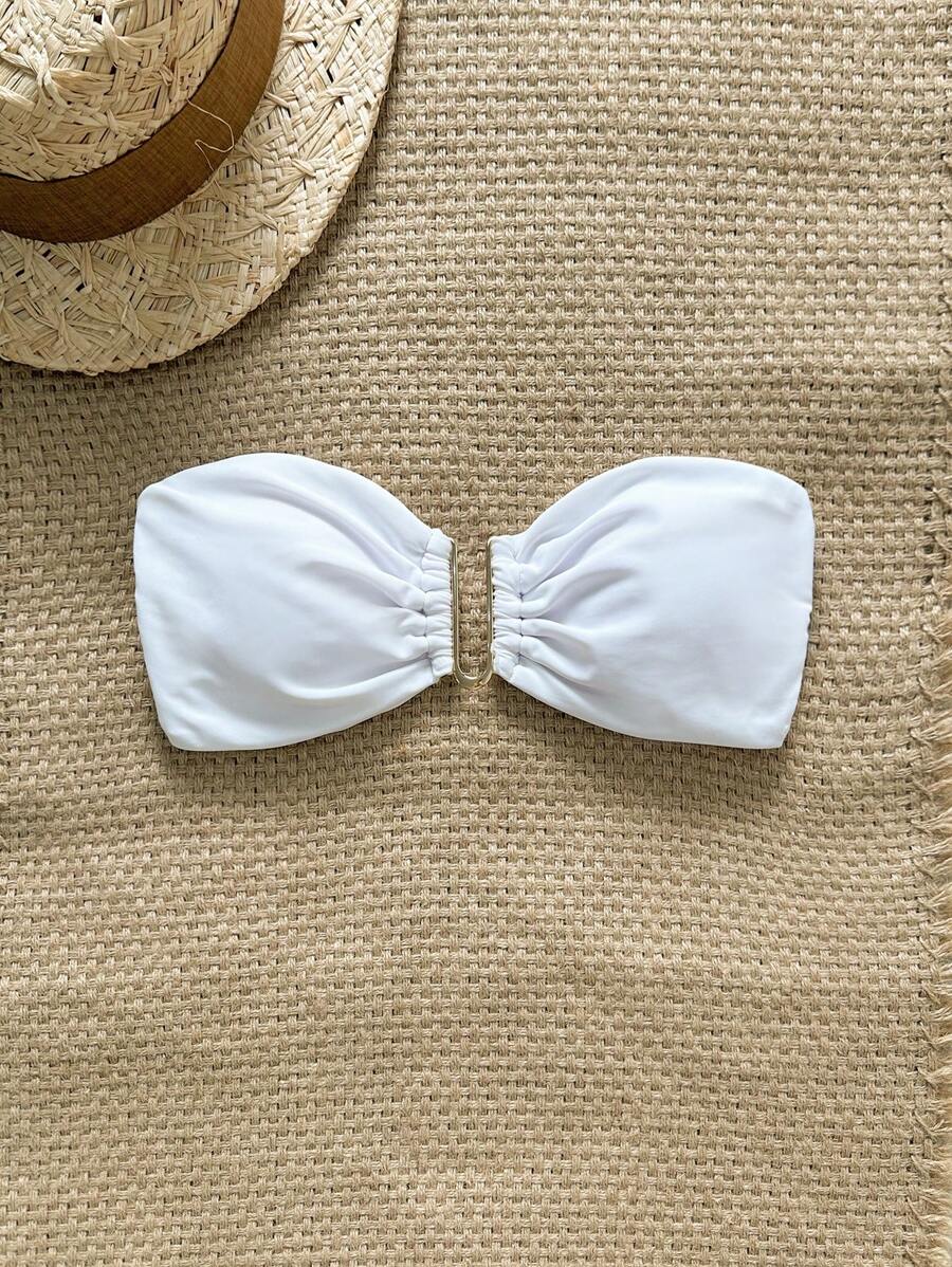 SHEIN Swim Vcay 女式夏季纯色露肩金属装饰蝴蝶结比基尼上衣 - 白色 - 查看 1