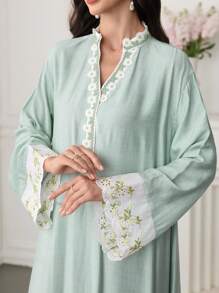 Al Najma Women's Long Sleeve Solid Color Patchwork Embroidered Floral Hem Arabic Style Dress, Modest - Green - View 2