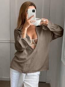 Livesso Striped Loose Long Sleeve Pullover Shirt For Women Linen,Fall Clothes - Brown - View 1