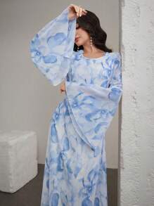 Graceveil Đầm dài tay loe cổ tròn in họa tiết thanh lịch cho nữ dự tiệc cưới - Màu xanh lam - Xem 3