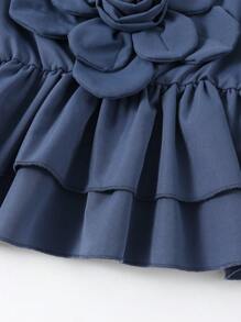 2pcs/Set Tween Girls Boat Neck Ruffle Hem Short Sleeve Top And Long Pants Elegant Outfit - Blue - View 6