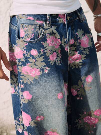 Street Life Men's Floral Print Pocketed Wide Leg Loose Casual Jeans