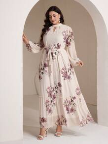 Veilorie Plus Size Elegant Floral Print Keyhole Neckline Lantern Sleeve Ruffle Hem Dress