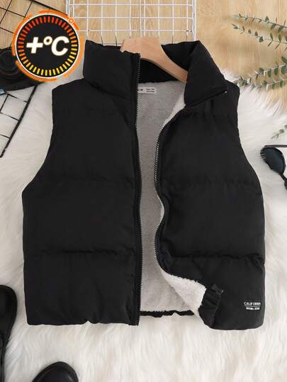 SHEIN Teen Girls' Stand Collar Padded Vest With Pockets,In Fall/Winter