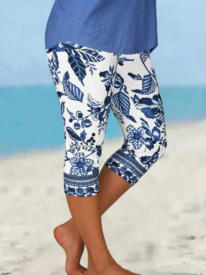 EMERY ROSE Plus Size Women Floral Print 3/4 Length Leggings, Gifts For Mother,Summer Holiday,Vacation Outfits Women,Simple And Fashionable For Everyday Wear,Vacay Vibes,Springbreak,Casual Wear SS,Bohemia