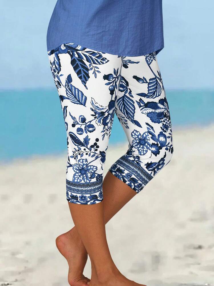 Plus Size Women Floral Print 3/4 Length Leggings, Gifts For Mother,Summer Holiday,Vacation Outfits Women,Simple And Fashionable For Everyday Wear,Vacay Vibes,Springbreak,Casual Wear SS,Bohemia