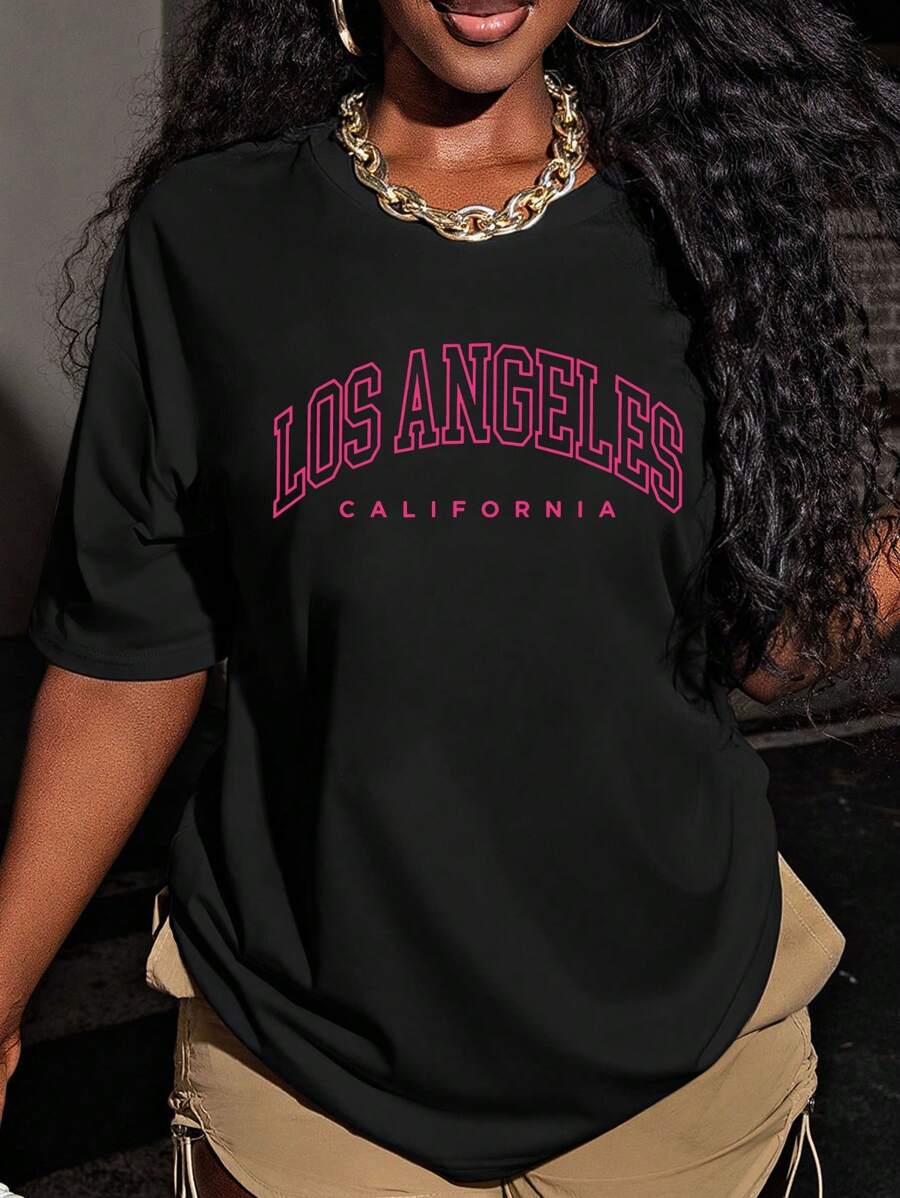 Los Angeles, California Inspired Women Loose Round Neck Casual Letter Graphic Print T-Shirt - Black - View 1