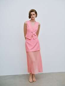 Lumivelle 2pcs/Set Women Sleeveless V-Neck Tank Top & Pleated Skirt Set - Pink - View 4