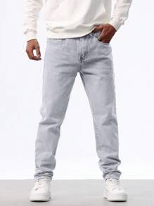 Manfinity Homme 男士休闲纯色口袋直筒牛仔裤 - 灰色 - 查看 4