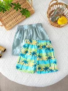 2 件装：男婴棕榈树和海洋生物印花沙滩短裤，男婴沙滩服 - 彩色 - 查看 2