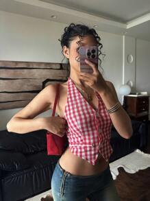 SHEIN EZwear Women's Red & White Gingham Halter Neck Woven Blazer: Casual Short Sleeveless Summer Style With Button Details And Asymmetrical Hem In Fall/Winter - Red and White - View 7