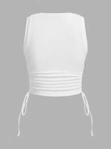 SHEIN EZwear 两件套罗纹蝴蝶结抽绳褶饰短款背心 - 彩色 - 查看 6
