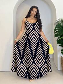 Slaydiva Plus Size Leaf & Floral Print Simple Vacation Dress,Sun Dresses For Women Suitable For Going Out Chic Dress - Black and White - View 1