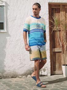 ROMWE MEN Casual Men's Round Neck Short Sleeve Ombre Palm Tree Print Knit Sweater, Vacation - Blue - View 4