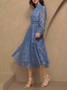 DAZY Vestido de longitud media con cuello de pie de encaje, mangas abultadas, elegante para invitada de boda, primavera, vestidos formales de mujer, vestido de fiesta de otoño - Azul - Ver 5