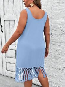 SHEIN VCAY 大码夏季度假无袖拼接流苏针织蓝色连衣裙 女式大码太阳裙 女式短裙 夏季女装 夏季服装 女装，女士太阳裙 - 淺藍色 - 查看 2