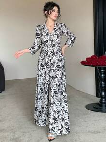 DAZY Mono elegante con bolsillos y cinturón, estampado completo para mujeres